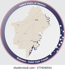 Round button with detailed map of Saint Clair county in Alabama, USA.