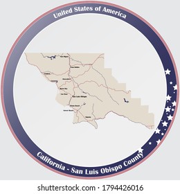 Botón de redondeo con mapa detallado del condado de San Luis Obispo en California, Estados Unidos.