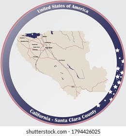 Round button with detailed map of Santa Clara County in California, USA.