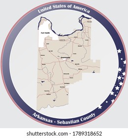Round button with detailed map of Sebastian County in Arkansas, USA.