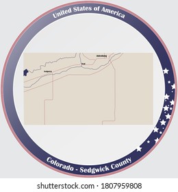 Round button with detailed map of Sedgwick County in Colorado, USA.