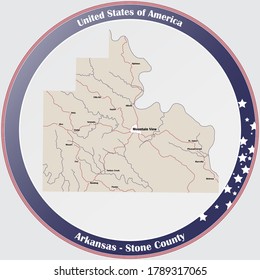 Round button with detailed map of Stone County in Arkansas, USA.