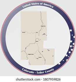 Round button with detailed map of Teller County in Colorado, USA.