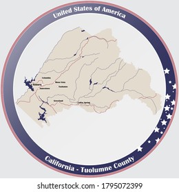 Botón de redondeo con mapa detallado del condado de Tuolumne en California, EEUU.