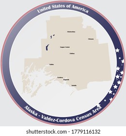 Round button with detailed map of Valdez-Cordova Census Area in Alaska, USA.