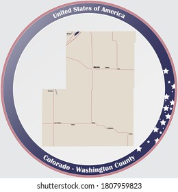 Round button with detailed map of Washington County in Colorado, USA.