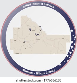Round button with detailed map of Wilcox county in Alabama, USA.