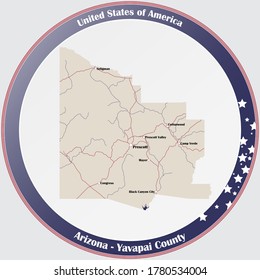 Round button with detailed map of Yavapai County in Arizona, USA.
