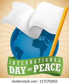 Round button with Earth globe silhouette inside, greeting ribbon and waving white flag to celebrate International Day of Peace.