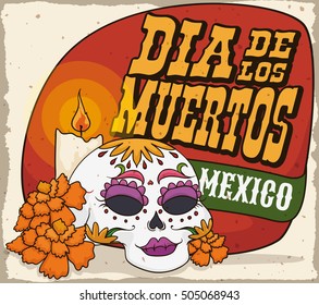 Round button with elegant catrina ready to use in Mexican tradition of "Day of the Dead" ("Dia de Muertos" in Spanish) celebration in flat style.