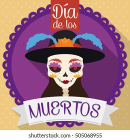 Round button with elegant catrina ready to use in Mexican tradition of "Day of the Dead" ("Dia de Muertos" in Spanish) celebration in flat style.