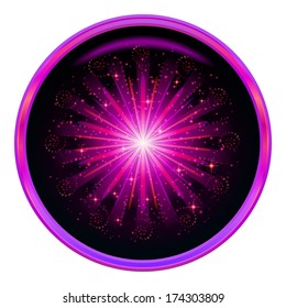 Round button with firework of bright lilac colors on black background, element for holiday web design. Eps10, contains transparencies. Vector illustration