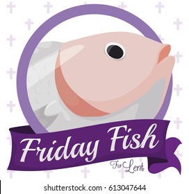 Round button with fish design and purple ribbon for Friday fish for Lent season.