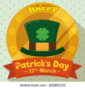 Round button in flat style with leprechaun hat, queatrefoil design in the middle and a greeting message written in the ribbon for St. Patrick's Day celebration in March 17.