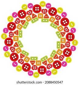 Round button frame, fantasy sewing element border for invitation or flyer design vector illustration