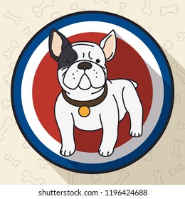 Round button with France colors and cute French bulldog in flat design and long shadow, decorated with bones pattern in the background.