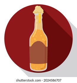 Botón redondo con botella de vidrio y cerveza burbujeante con espuma dentro de ella, en estilo plano y sombra larga.