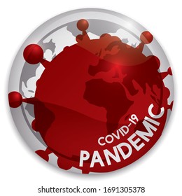 Round button with globe eclipsed for coronavirus silhouette representation, promoting worldwide awareness about the pandemic caused by COVID-19 outbreak.
