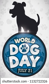 Round button with globe inside and dog silhouette in the top, over white background with paw prints pattern for World Dog Day celebration in July 21.
