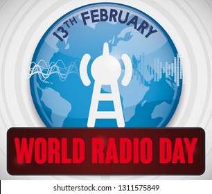 Round button with globe silhouette, antenna icon amplifying radio analog and digital signal decorated with "on air" sign promoting World Radio Day celebration this February 13.
