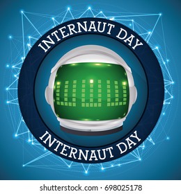 Round button with glowing digital connections and an astronaut helmet with www reflected in the visor to celebrate Internaut Day.