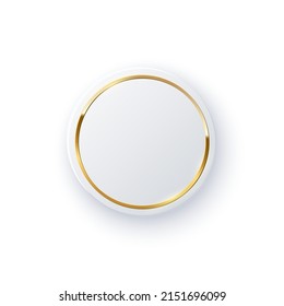 Round button with gold circle frame and shiny light effect vector illustration. 3d realistic simple badge with shadow, plastic object with golden circular line inside isolated on white background