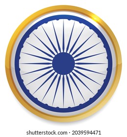 Round button with golden frame and blue Ashoka Chakra wheel inside of it.