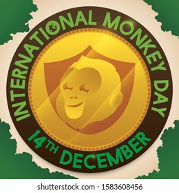 Round button with golden shield and chimp face inside it, as symbol of awareness and protection of these animal during International Monkey Day this 14th December.