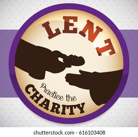 Round button with good people giving the charity action with bread to disadvantaged for Lent season.