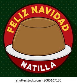 Round button with greeting message and custard, for a happy Xmas (written in Spanish) celebration over dotted pattern.