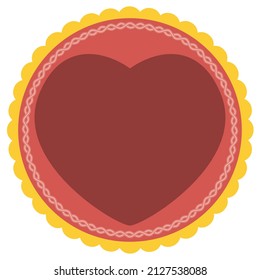 Round button with heart shape in the center, tangled frame in the edge and yellow semi circular border.