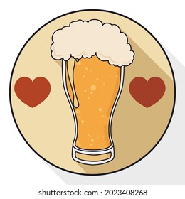 Round button with hearts and frothy beer served in weizen glass vase, in flat style and long shadow.