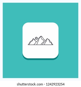 Round Button for hill, landscape, nature, mountain, sun Line icon Turquoise Background