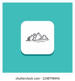 Round Button for hill, landscape, nature, mountain, sun Line icon Turquoise Background