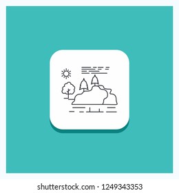 Round Button for hill, landscape, nature, mountain, rain Line icon Turquoise Background