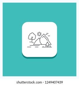 Round Button for hill, landscape, nature, mountain, sun Line icon Turquoise Background