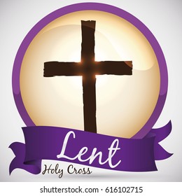 Round button with Holy Cross design decorated with a purple ribbon for Lent celebration.