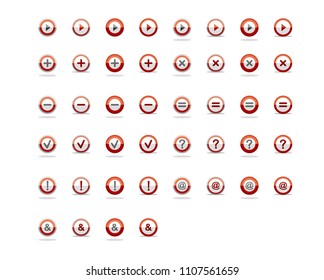 Round button icon in half-folded form.Red circular button icon with multiple symbols.