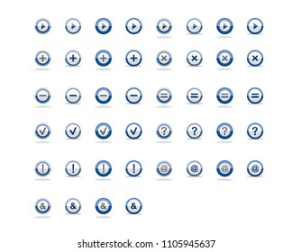 Round button icon in half-folded form.Blue circular button icon with multiple symbols.
