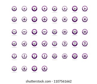 Round button icon in half-folded form.Violet circular button icon with multiple symbols.