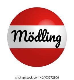 Round button Icon of national flag of Austria with inscription of city name: Mödling in modern style and reflection of light. Vector EPS10 illustration