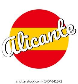 Round button Icon of national flag of Spain with red and yellow colors and inscription of city name: Alicante in modern style. Vector EPS10 illustration