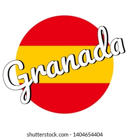 Round button Icon of national flag of Spain with red and yellow colors and inscription of city name: Granada in modern style. Vector EPS10 illustration