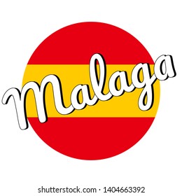 Round button Icon of national flag of Spain with red and yellow colors and inscription of city name: Malaga in modern style. Vector EPS10 illustration