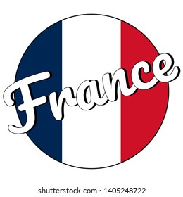 Round button Icon of national flag of France with red, white and blue colors and inscription in modern style. Vector EPS10 illustration.