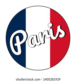 Round button Icon of national flag of France with red, white and blue colors and inscription of city name: Paris in modern style. Vector EPS10 illustration