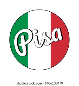 Round button Icon of national flag of Italy with red, white and green colors and inscription of city name: Pisa in modern style. Vector EPS10 illustration