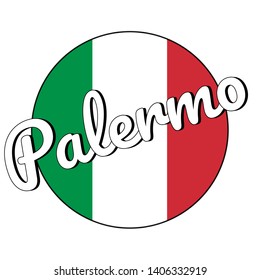 Round button Icon of national flag of Italy with red, white and green colors and inscription of city name: Palermo in modern style. Vector EPS10 illustration