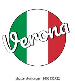 Round button Icon of national flag of Italy with red, white and green colors and inscription of city name: Verona in modern style. Vector EPS10 illustration