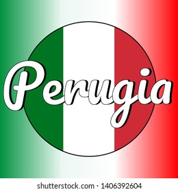 Round button Icon of national flag of Italy with red, white and green colors and inscription of city name: Perugia in modern style. Italian national colors gradient on the background